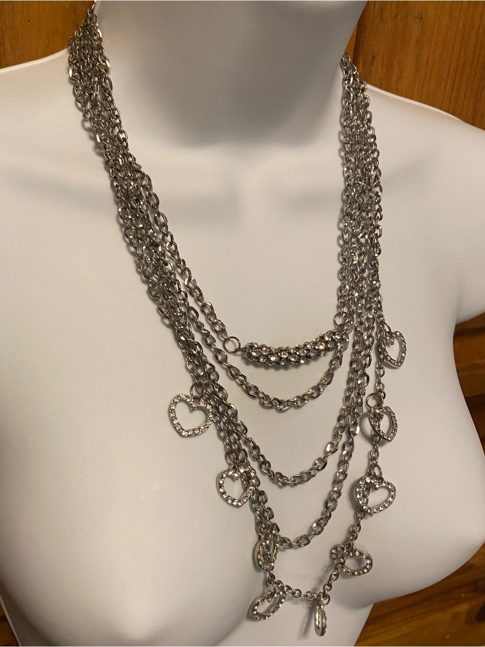 SILVER Tone Multi Strand Layered Statement Necklace Crystal Hearts Y2K Glam